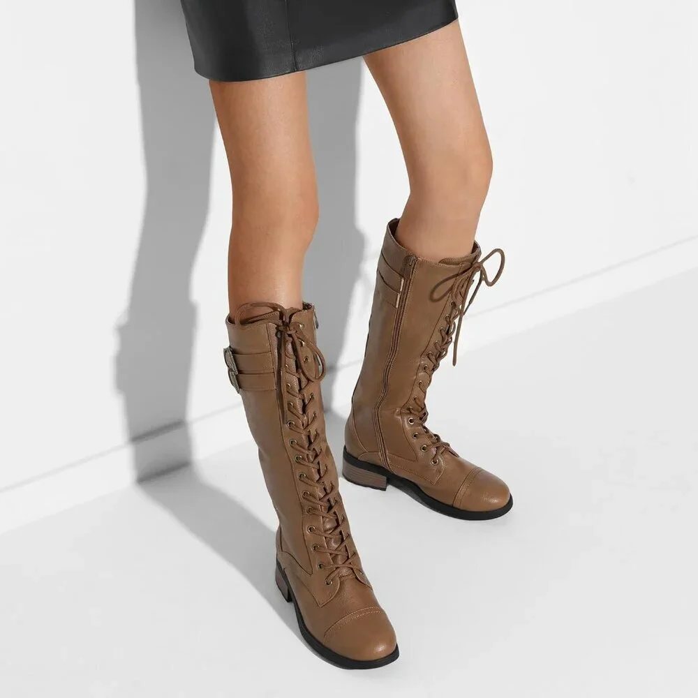 Women's Camel DREAM PAIRS PU Knee-High Riding Combat Boots for Fall and Winter